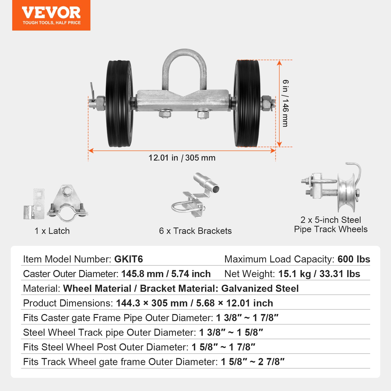 VEVOR Kit de Herrajes para Puerta Corrediza Soporte de Rueda con 2 Ruedas de 6" Rodillos de Puerta Corrediza para Marcos de Puerta con Rieles de Conexión Rodillo Guía para Puerta Corrediza 600 libras