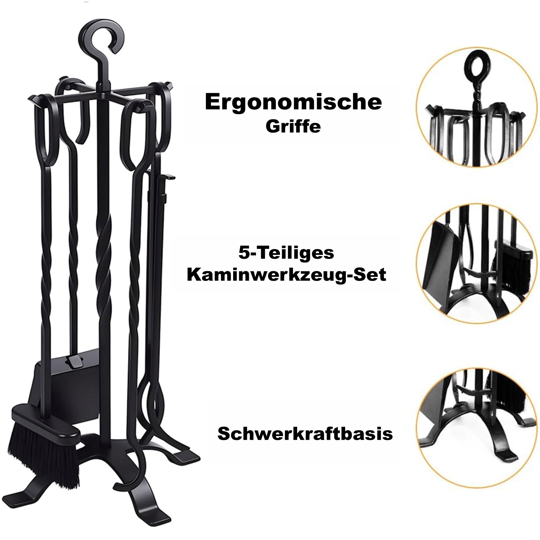 AMAGABELI 26"(66cm) 5-teilige Kaminbesteck Set Kamingarnitur mit Schmiedeeisen und Innenausstattung Kaminzubehör Kaminständer Feuerzange Schaufel Antikbürste Schornsteinschürhaken Schwarz