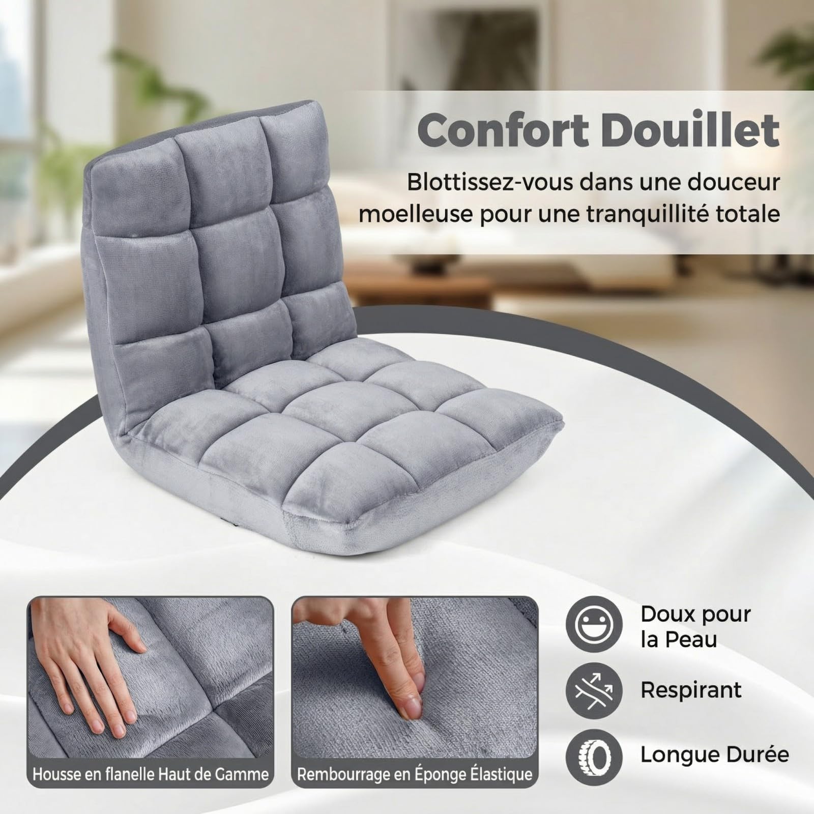 SOARS Fauteuil de Sol Pliable, Chaise de Méditation Canapé Paresseux Convertible avec Dossier Réglable 14 Positions, Mousse Haute Densité, en Velours Coral pour Lecture, Salon (Gris)