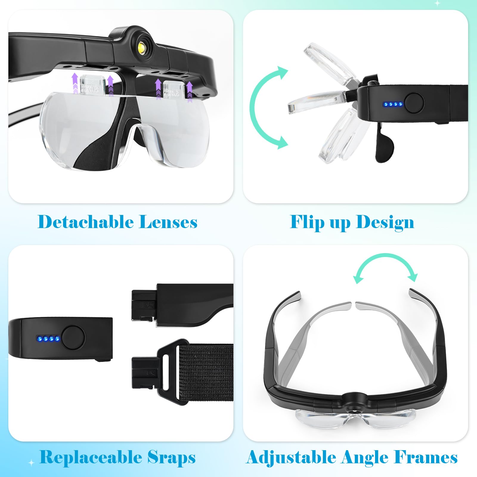 Magnifying Glass with Lights, Headband Hands Free Magnifying Glasses for Close Work, Flip-up Magnifier with 3 Color Temperature, 1.5X to 5.0X Lenses for Jewelry Crafts Soldering Repair 4
