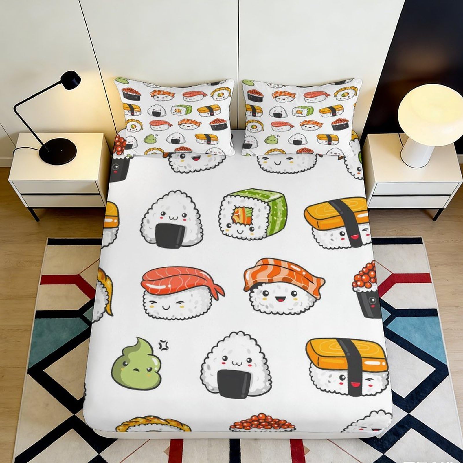 3D Printed Sushi Cartoon Fitted Sheet Microfiber Soft Breathable Japanese Food Bed Cover for Bedroom Dorm Decor 90x200x25cm