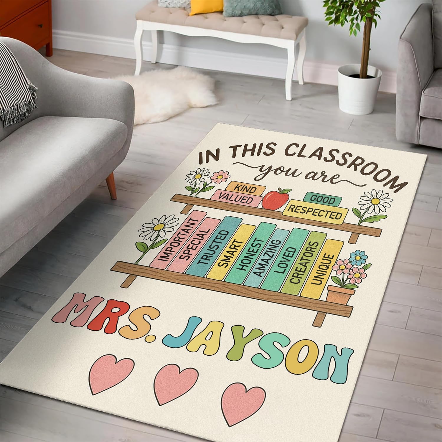 Personalized Pastel Classroom Rugs Elementary – in This Classroom You are Loved Motivational Teacher Area Rug with Name Carpet with Bookshelf & Positive Words Back to School Decor