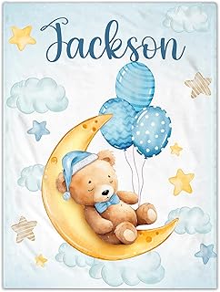 SearchI Couverture Personnalisée pour Bébé Garçon Fille Douce et Douillette,Plaid Couverture en Flanelle Ours Dinosaure,Enfant Personnalisable Nom Souhaité Nommée(Ours de Lune,70x100cm)