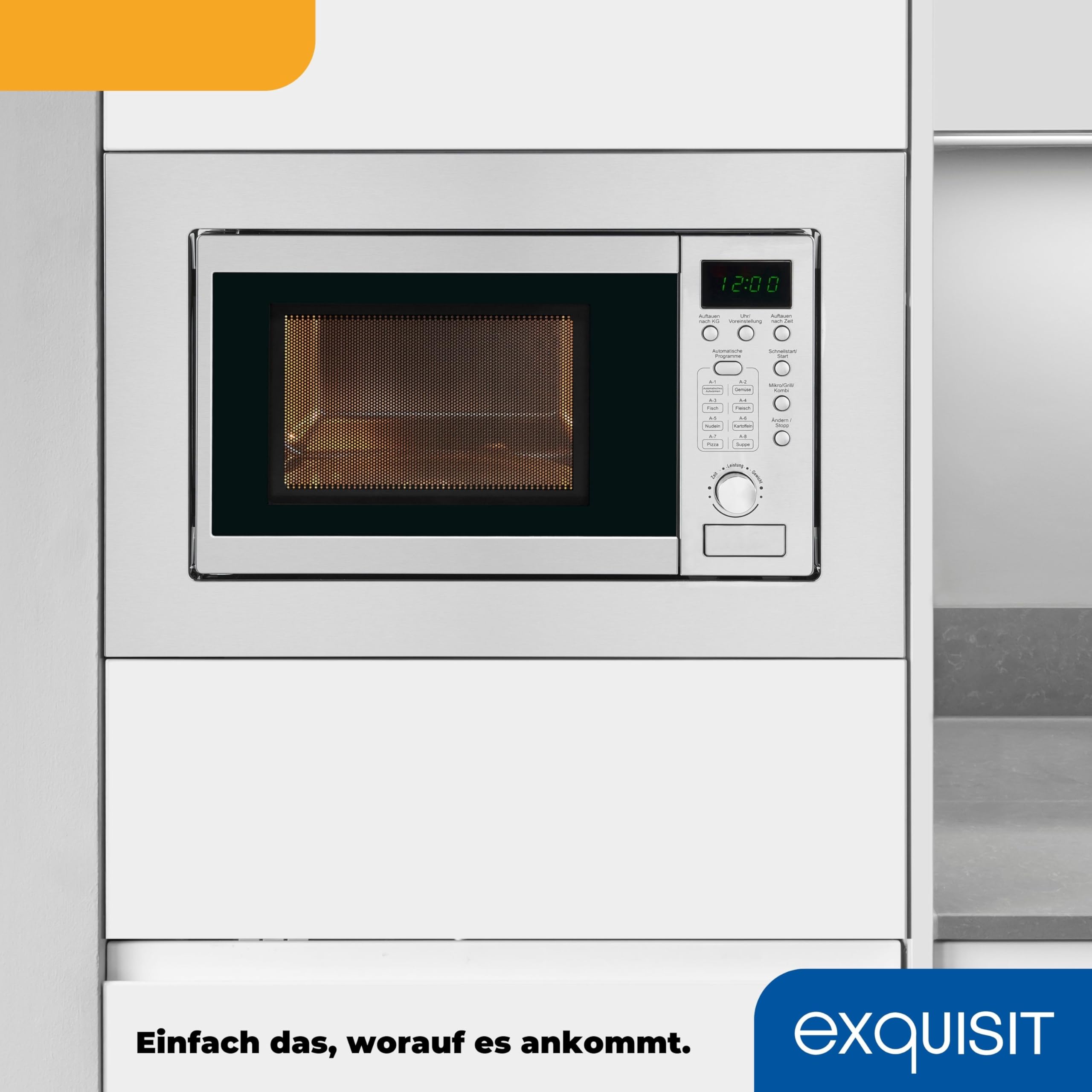 Exquisit Einbaumikrowelle mit Grill, 20 L, 800 W, Inoxlook | Nischenmaß 56 x 36,2 cm - 8 Autokochprogramme - 1000 W Grill - Timer - 5 Leistungsstufen - Drehteller 24,5 cm