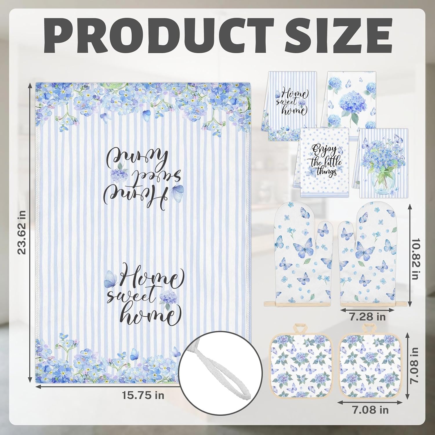 Blue Hydrangea Kitchen Decor Set, Blue Kitchen Towels, 8 Pcs | Hydrangea Dish Towels with Oven Mitts and Pot Holders Spring Floral Accessories Decorations for Home Cooking Baking Gift