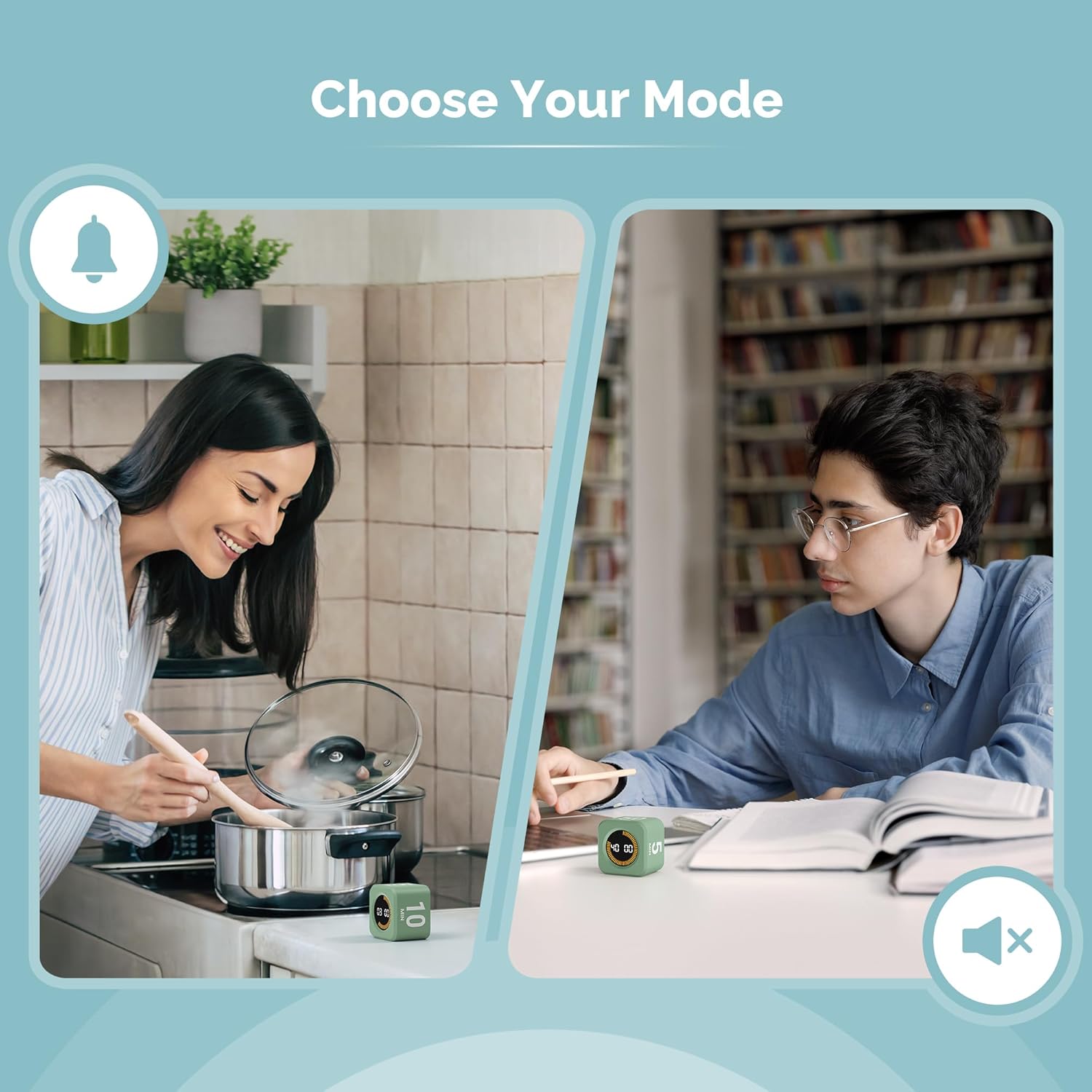 A person cooking and another studying, with the KADAMS timer showing sound and mute modes respectively.