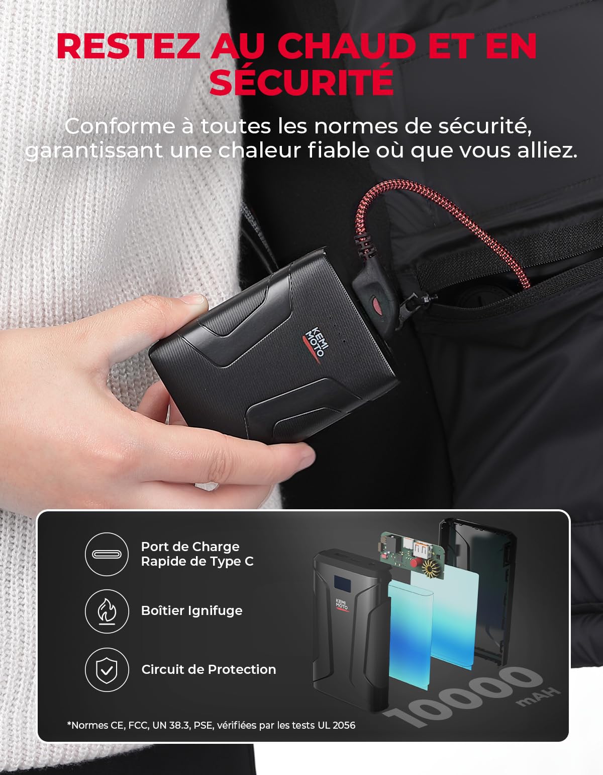 KEMIMOTO Gilet Chauffant Femme 10000 mAh 3 Températures 4 Zones de Chauffage Contrôle par Application Moto Randonnée Camping