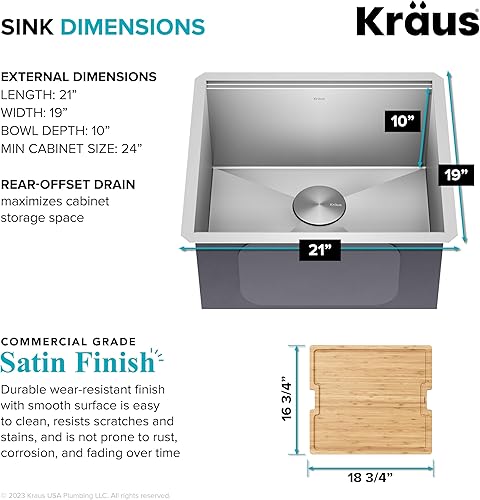 Miniatura 4 de KRAUS Kore KWU111-21 - Fregadero de cocina con estación de trabajo de 21 pulgadas, para empotrar, cuenco doble, de acero inoxidable calibre 16, con