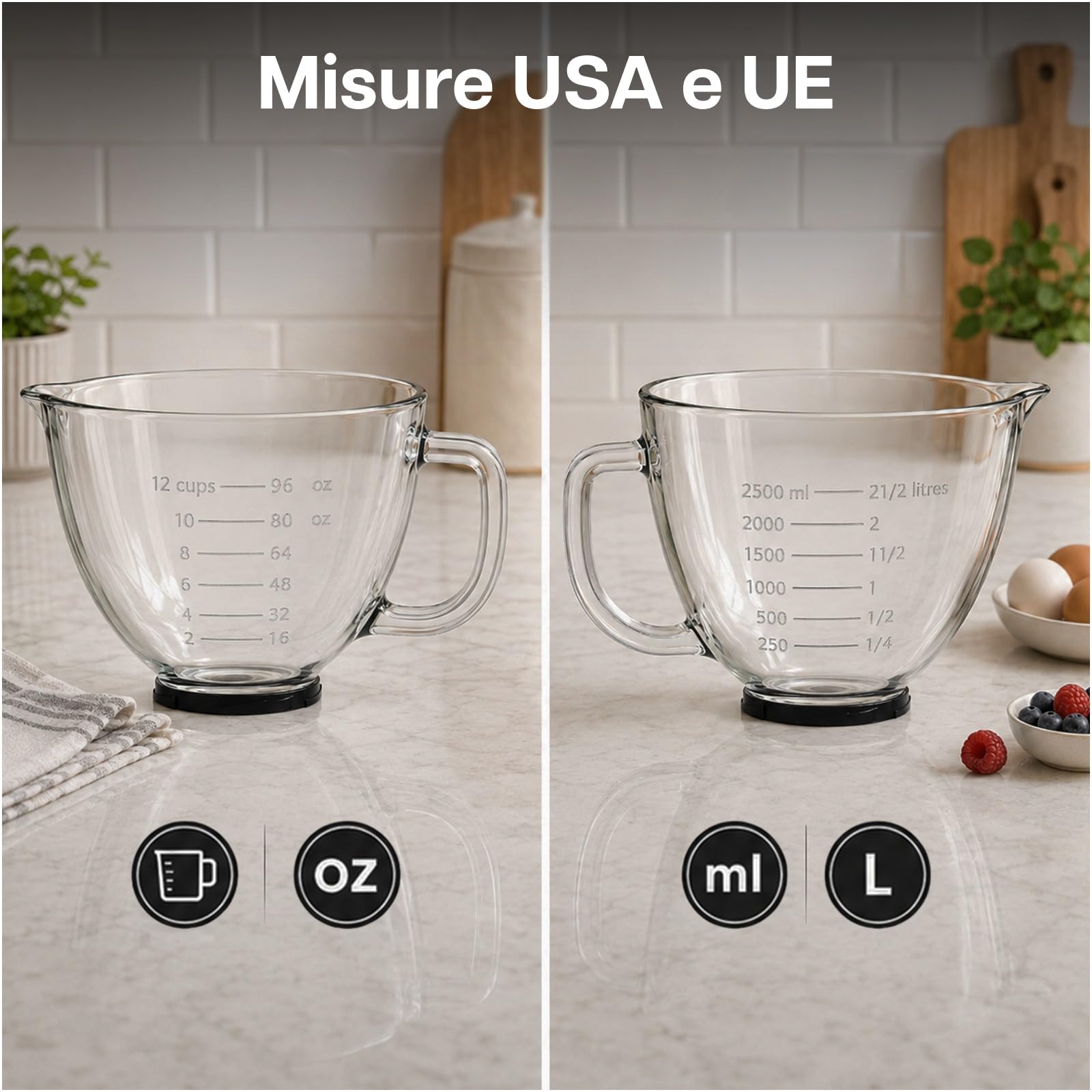 MMOBIEL Ciotola in Vetro per Mixer 4.8L per KitchenAid 4.3, 4.7/4.8L Planetaria con Ciotola Sollevabile Serie Artisan & Classic Manico, Beccuccio e Marcature di Misurazione – Lavaggio a Mano