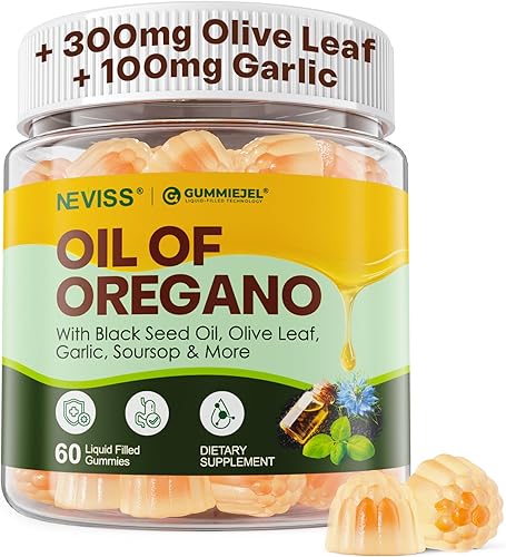 Aceite de orégano con aceite de semilla negra, gomitas de aceite de orégano orgánico con hoja de olivo, ajo, guanábana y más para inmune, digestivo