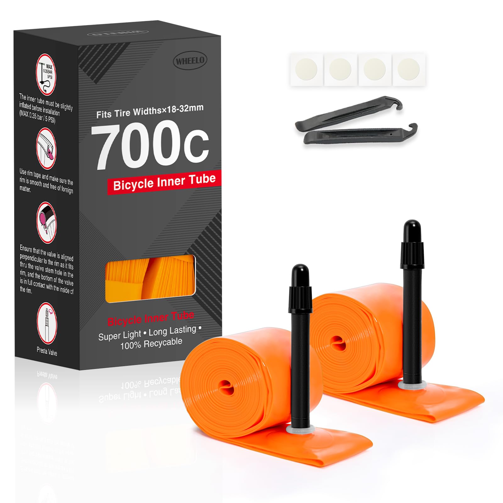 Hycline 2er-Pack TPU Fahrrad Schlauche: 700x18-32C (28 Zoll) Rennrad Unisex Ultraleichter Schlauch Presta-Ventil 45mm/65mm/85mm with 2 Reifenheber