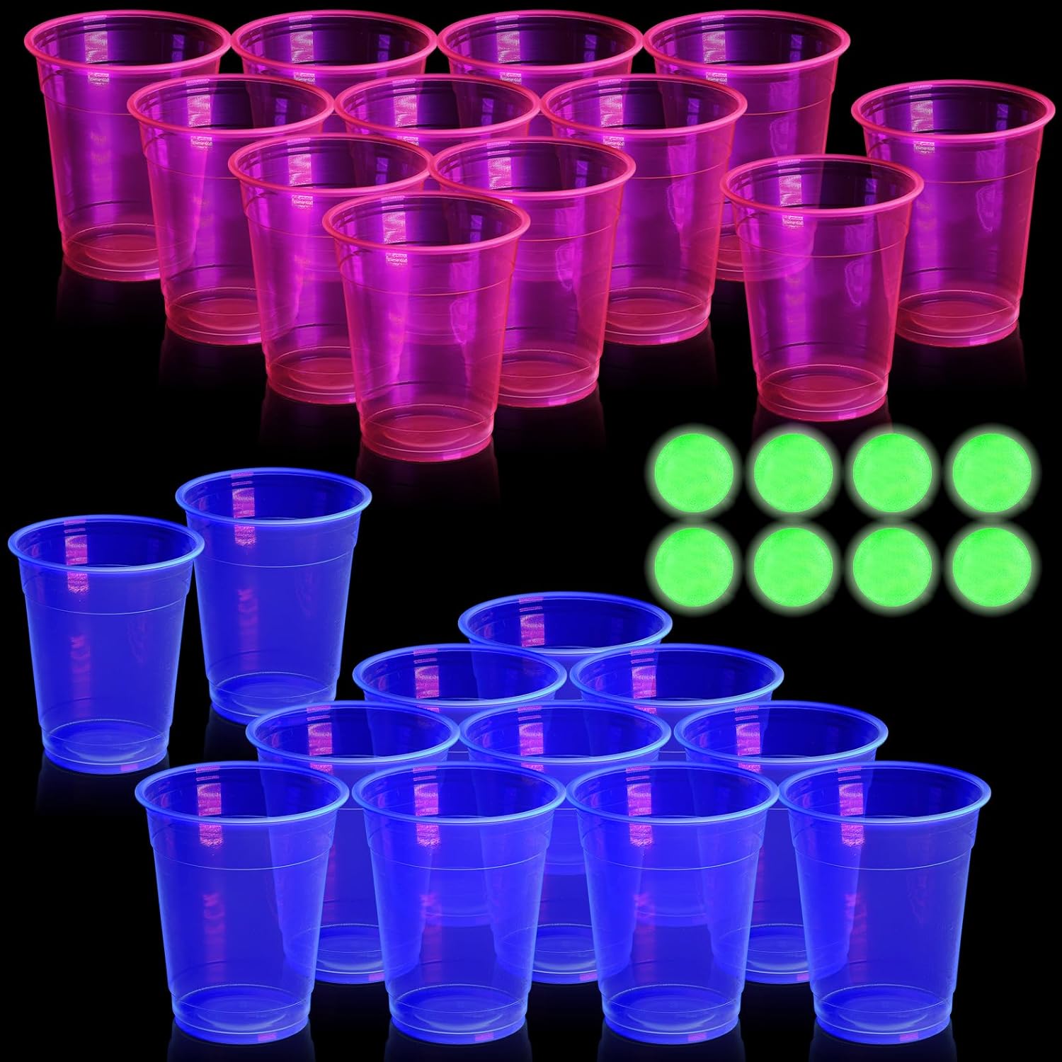 32 Pcs Glow in The Dark Party Table Tennis Game Set Include 24 Pcs Glowing Plastic Cups and 8 Balls for Indoor Outdoor Party Event Birthdays Weddings BBQ Parties