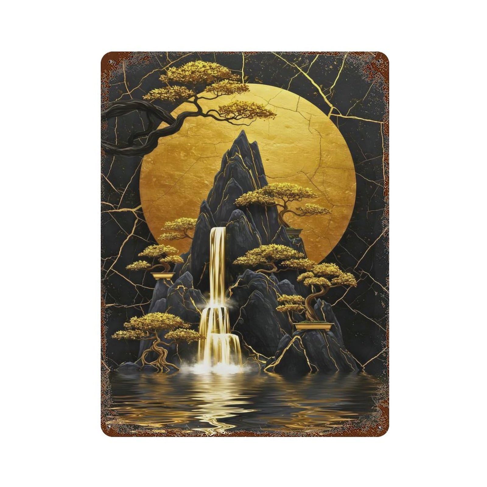 Golden Waterfall And Bonsai Trees Rustic Tin Plaque 15.7"x11.8", Farmhouse Wall Decor for Shed, Workshop And Garage Wall Decor