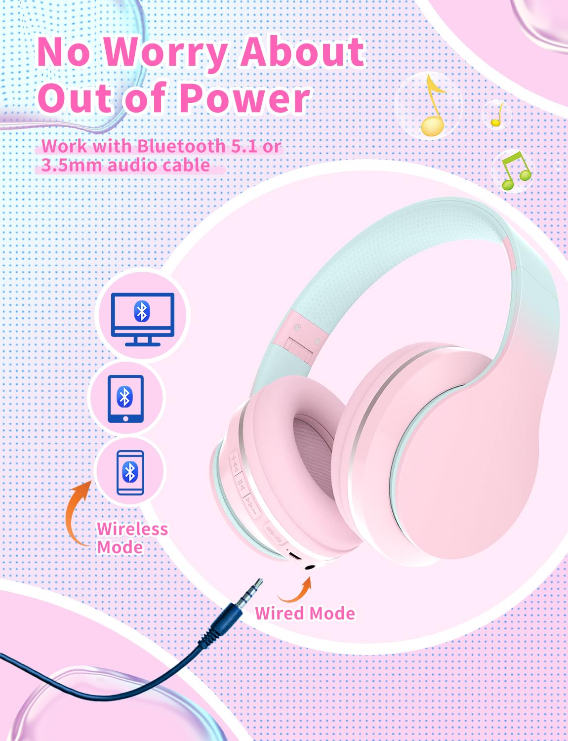 Bluetooth Kids Headphones,Wireless Kids Headphones Over Ear with Microphones,Stereo Sound ,10H Playtime,Foldable&Adjustable Children Headphones,Bluetooth 5.1 Headset for Adults School Travel (Pink) - Image 2