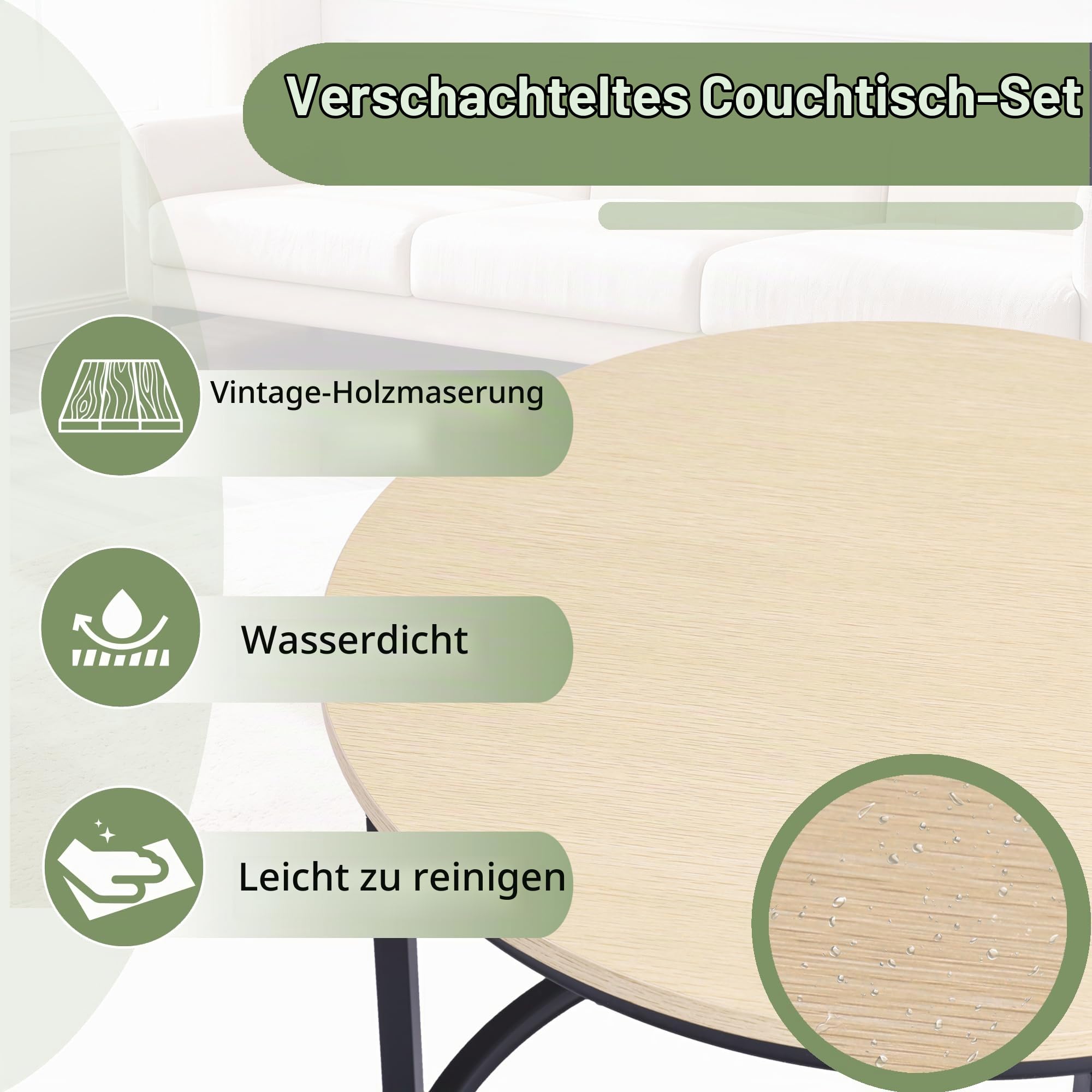 Runder Couchtisch 2er Set, Wohnzimmertisch mit Schwarz Metallgestell, Beistelltisch Set, Couchtisch mit Glatter Holzoptik, Sofatisch für Wohnzimmer, Schlafzimmer und Büro, Elfenbein