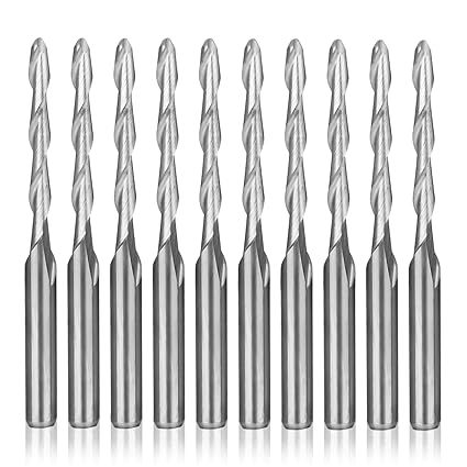 HQMaster CNC Router Bit 1/8 Shank Ball Nose End Mill 2mm Cutting Dia. 2-Flute Spiral Upcut Milling Cutter Engraving Carving Tool Set Tungsten Steel 17mm CEL, 38.5mm OAL for MDF Acrylic Wood PVC 10Pcs
