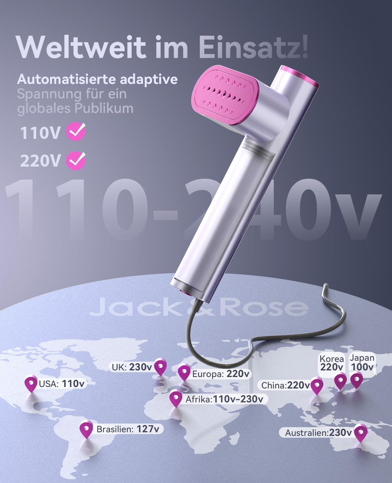 Reise Dampfglätter mit weltweiter Spannung 100-240V Tragbare Steamer für Kleidung, 2-in-1 Reisebügeleisen 1000W Steam iron, schnelles Aufheizen Steamer dampfglätter für Globale Reisen Lila