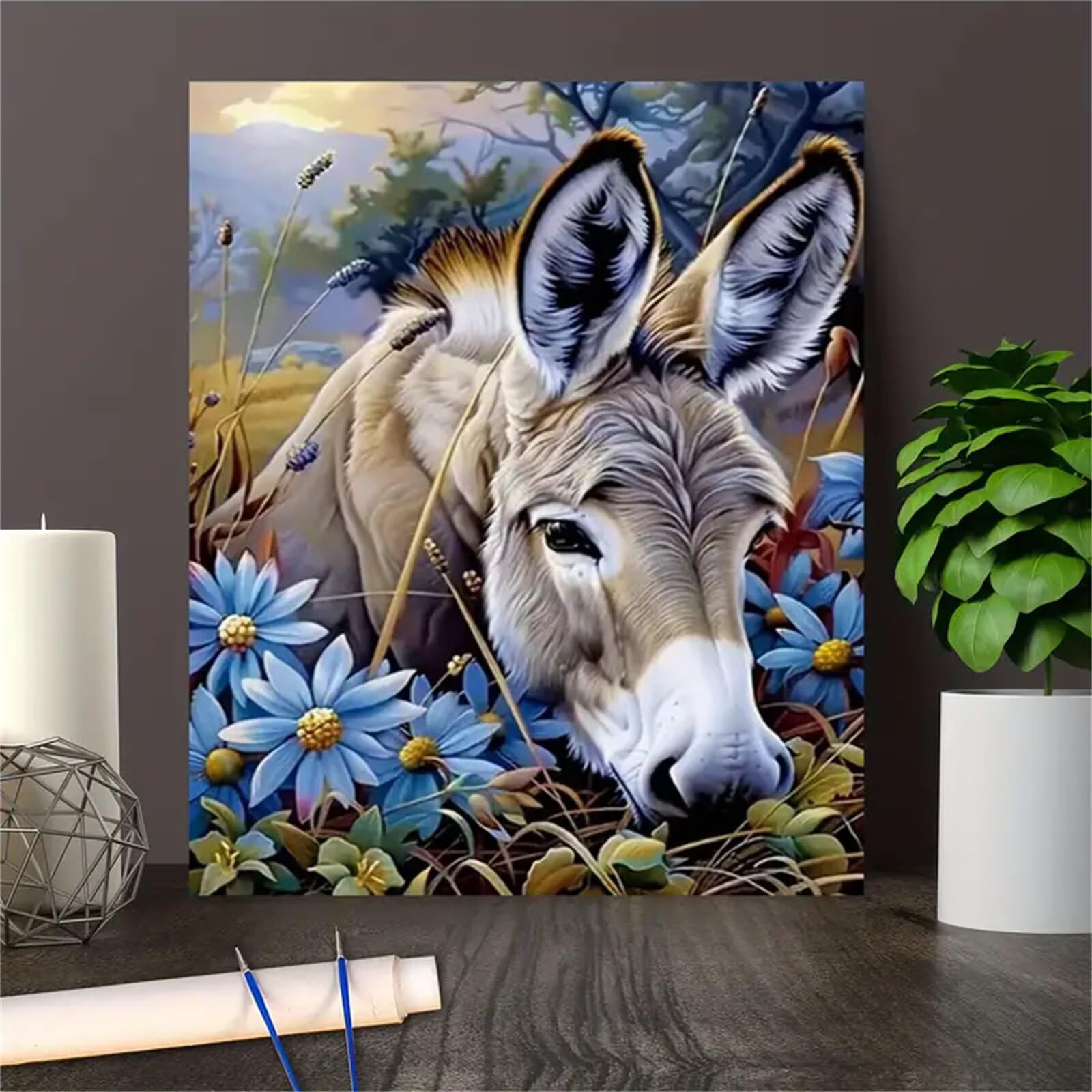 Yoonqun Burro de flores Pintar por Numeros con marco DIY Cuadro Con Números Kit de Pintura al óLeo Digital para Adultos de Lienzo Paint by numbers Kits Manualidades para Hogar Decoración 50x65 cm