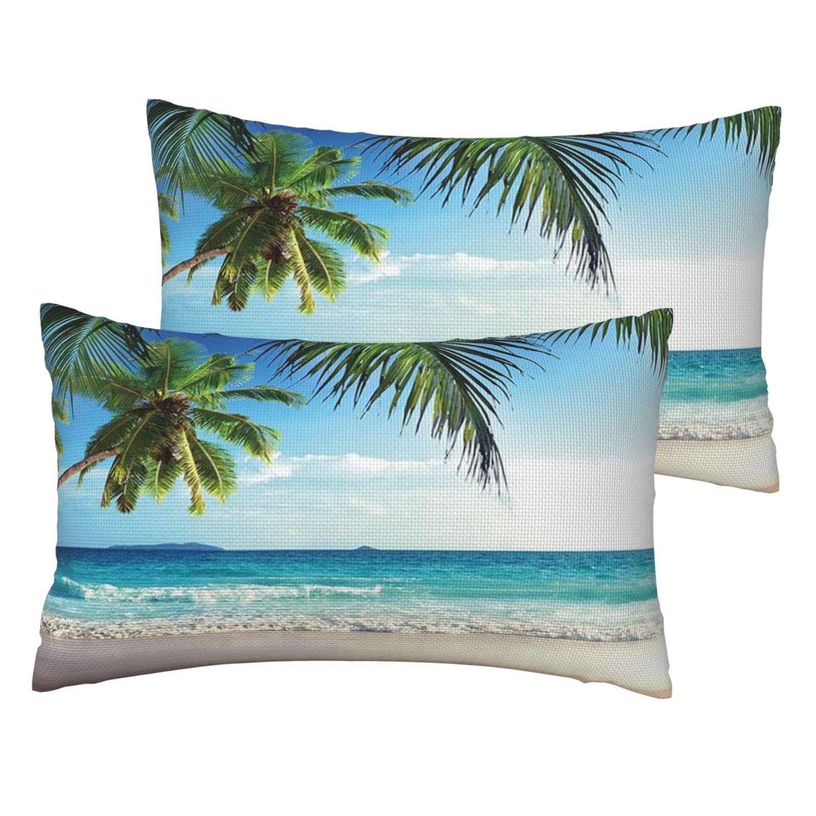 Housse de coussin de décoration lot de 2 imitation lin motif palmier tropical Hawaï