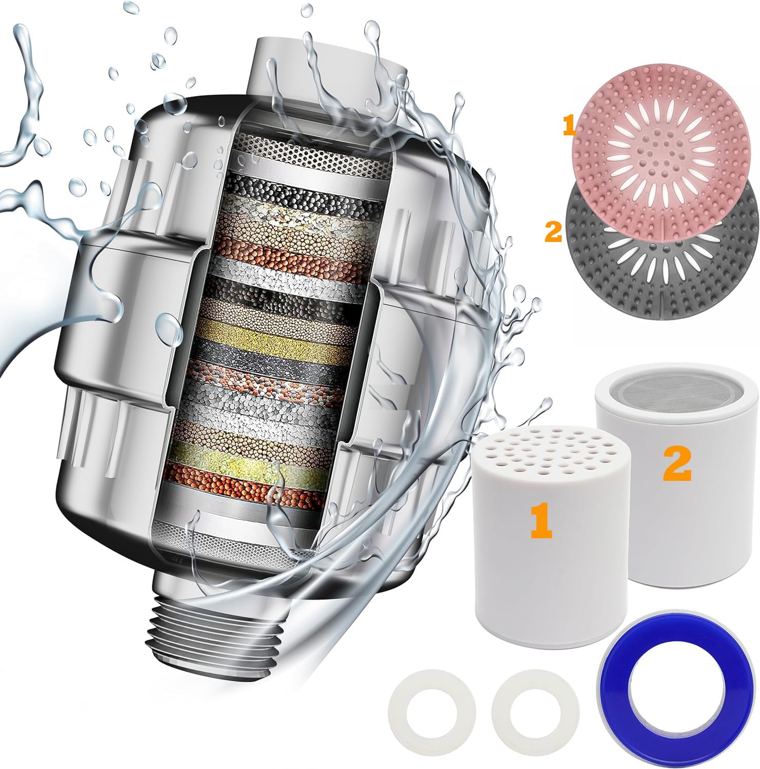 Luxury 20 Stage High Output Shower Filter: Removes 99.99% Chlorine and Softens Hard Water, Rejuvenate Hair, Dry Skin. Best Shower Filter for Health. 2 Cartridges and 2 Bathtub Hair Catchers (Chrome)