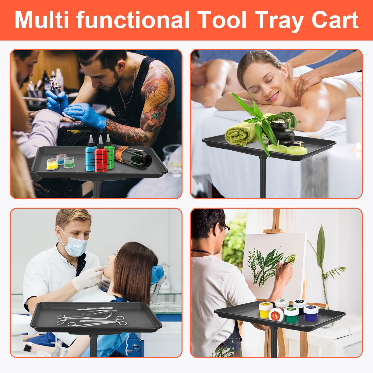 Salon Tray Cart on Wheels with Storage and Adjustable Height