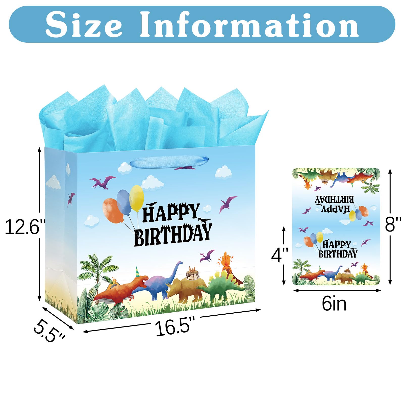 16.5" Extra Large Watercolor Dinosaur Birthday Gift Bag for Boy Kids with Card and Tissue Papers