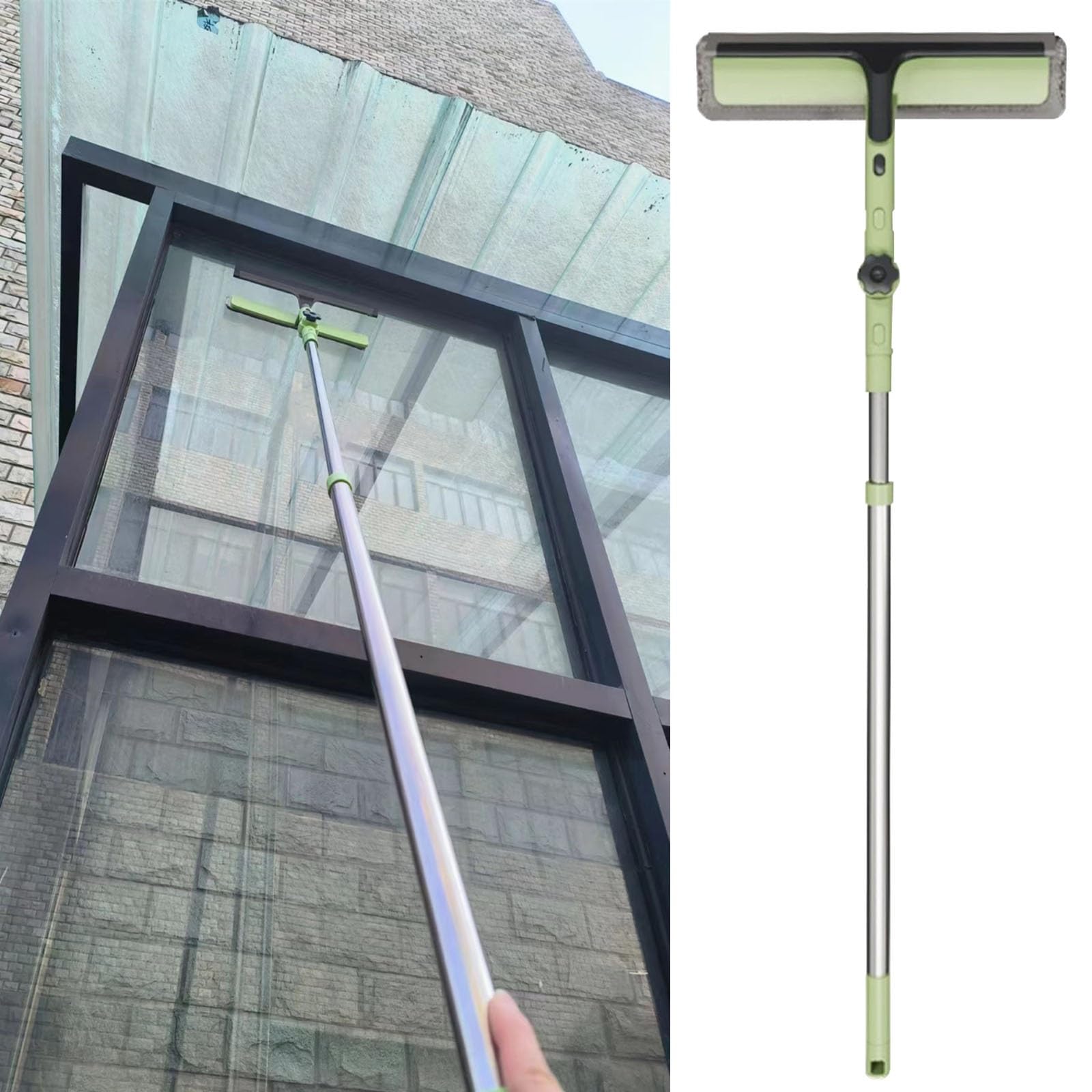 Herramienta de Limpieza de Ventanas 2 en 1 Verde para Coche, Kit de Limpieza de Ventanas con Palo telescópico y (3) paños de Microfibra, limpiacristales/Coche/Suelo/Puerta