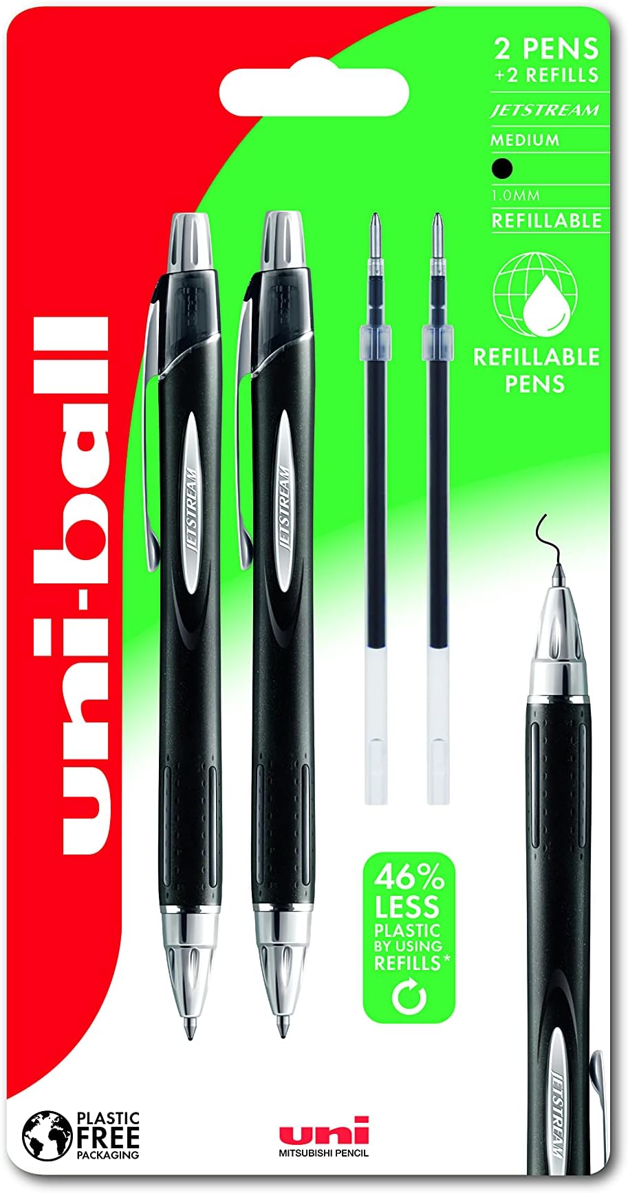 uni-ballSXN-210 RT Jetstream, Handwriting Rollerball Pens, Retractable, URN-181-07 Pack of 2 Pens + 2 Refills Black Ink