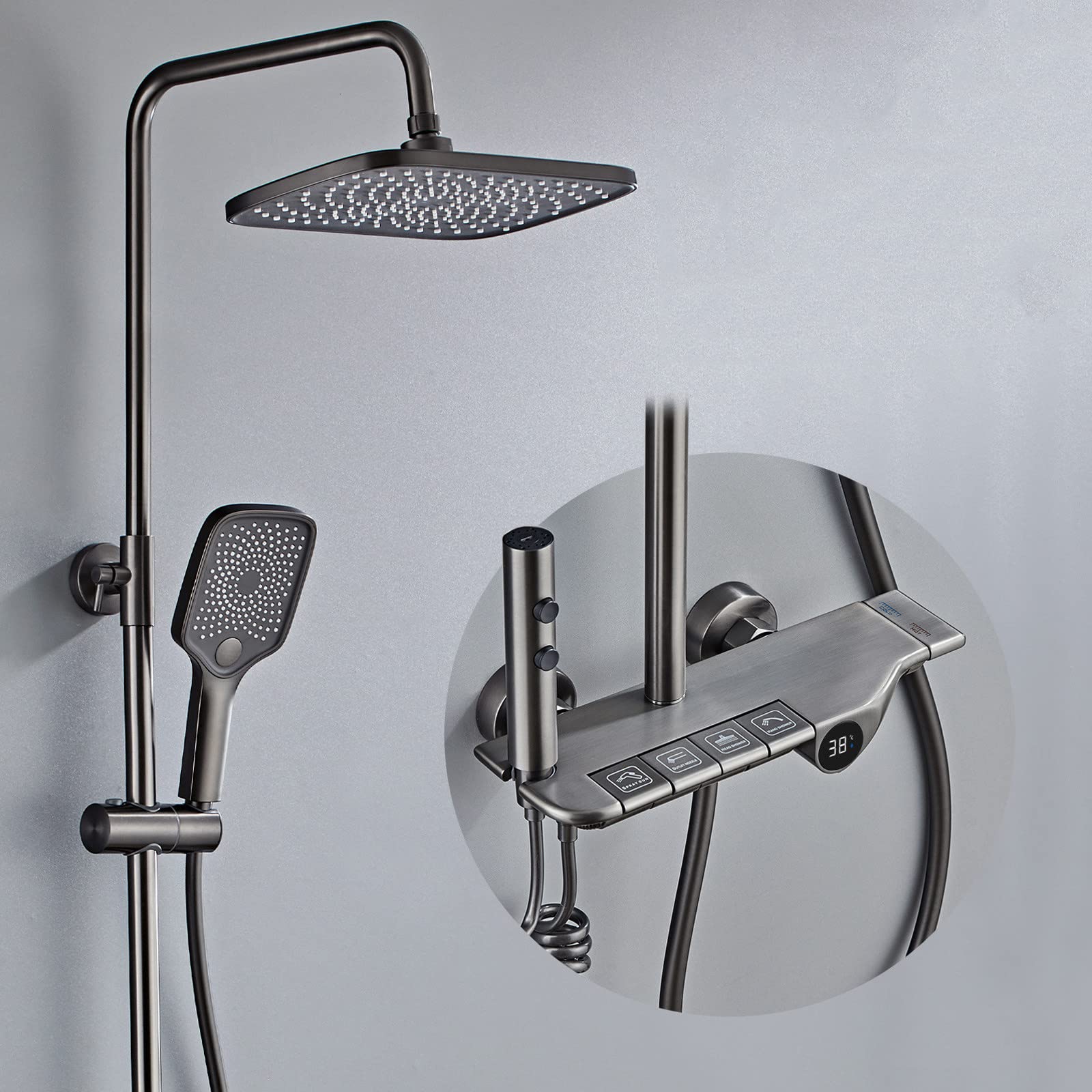 Mitigeur de salle de bain gris avec douchette de bidet et cascade intégrée