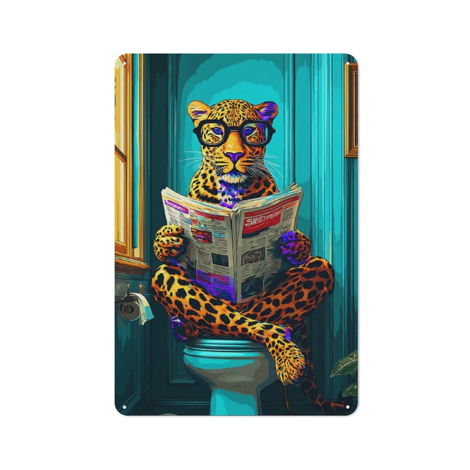 Junmoney Leopard Reading Newspaper On Toilet-2 30X20cm Retro Tin Sign With For Living Room Or Hallway, A Decorative Metal Sign For Living Rooms And Hallways