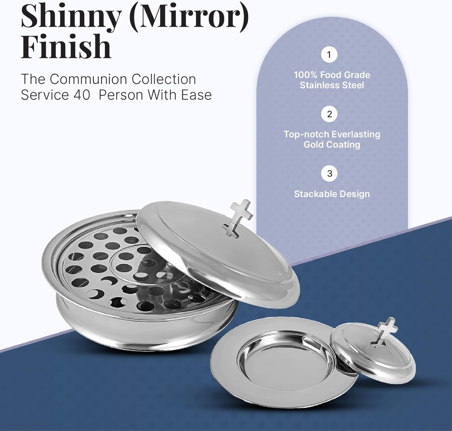 Communion Ware | Holy Stackable 1 Communion Tray with a Cover & 1 Bread Plate with a Cover for Churches | Stainless Steel - Shiny (Mirror) Finish