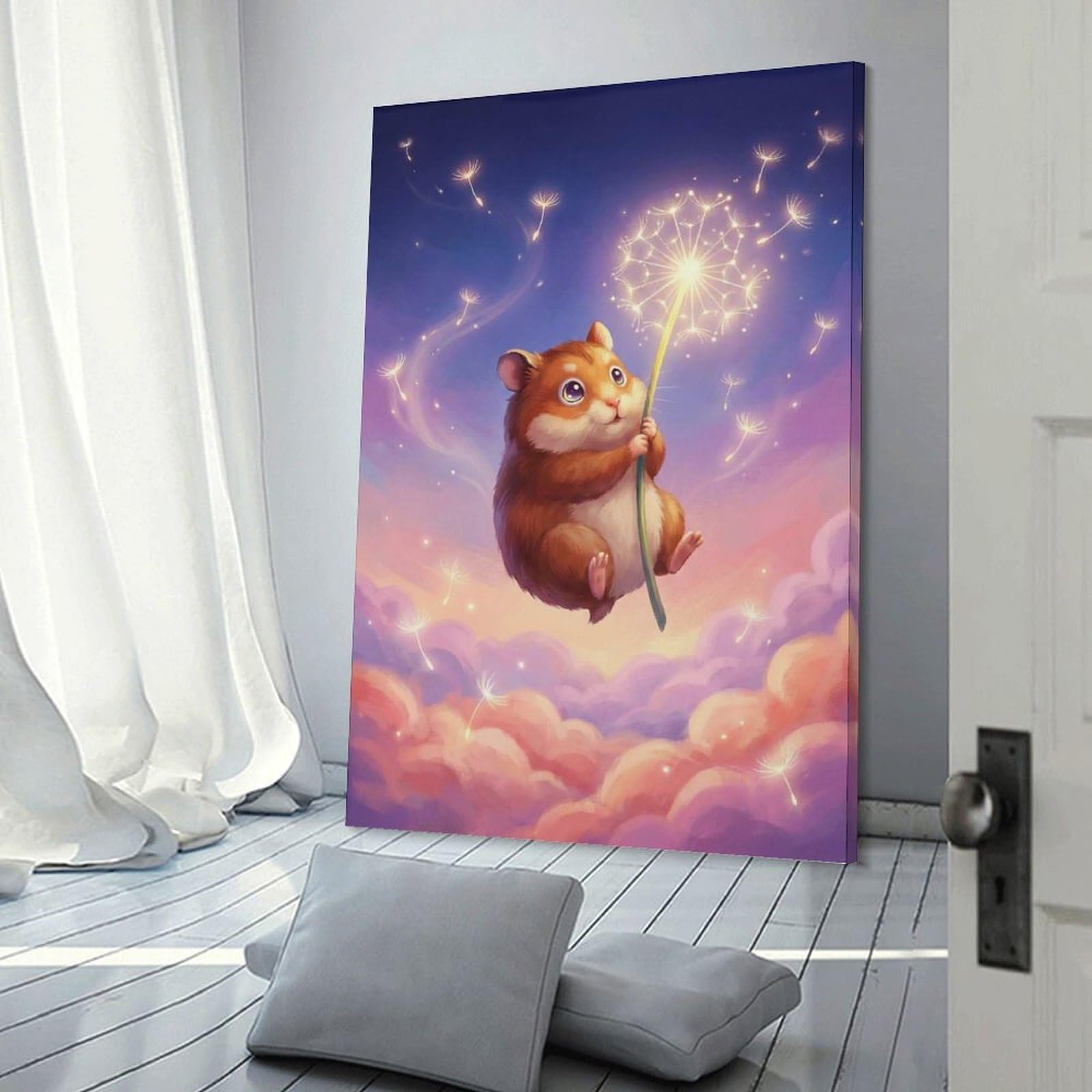 Junmoney Canvas Wall Art Cute Hamster with Dandelion, 08x12inch(20x30cm), for Lounge Decor, Bedroom Walls Or Flats, A Home Accent with Warm Character
