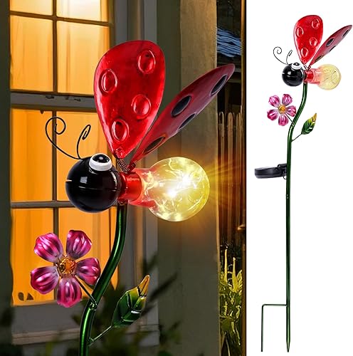Luces solares decorativas para exteriores, luces solares de estaca de mariquita, luces decorativas de metal para jardín, estacas impermeables para