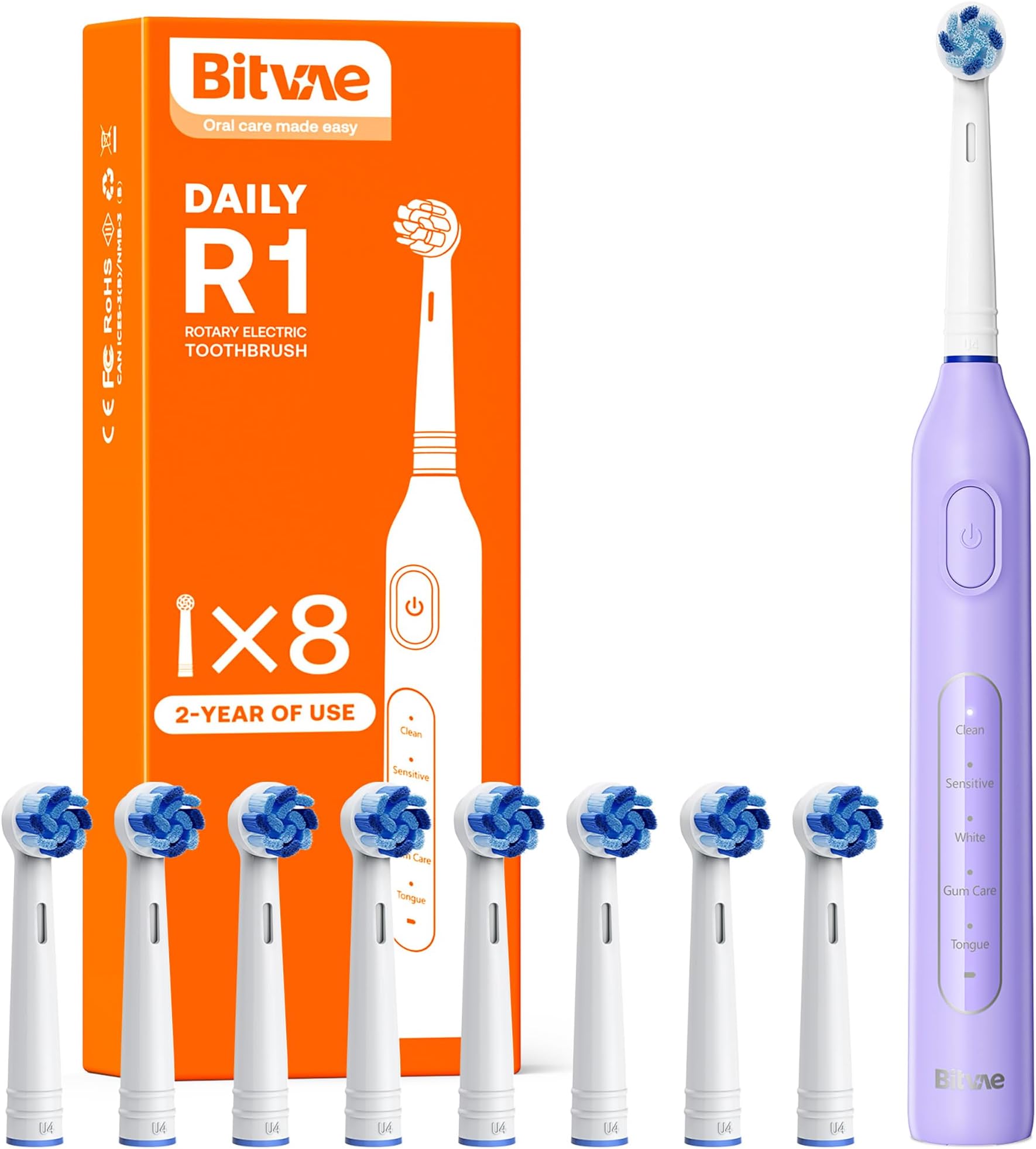 R1 Rotating Electric Toothbrush with 8 Brush Heads for Adults and Kids, 60-Day Battery Life, 5 Modes Rechargeable Power Toothbrush with 2-Minute Smart Timer, Purple