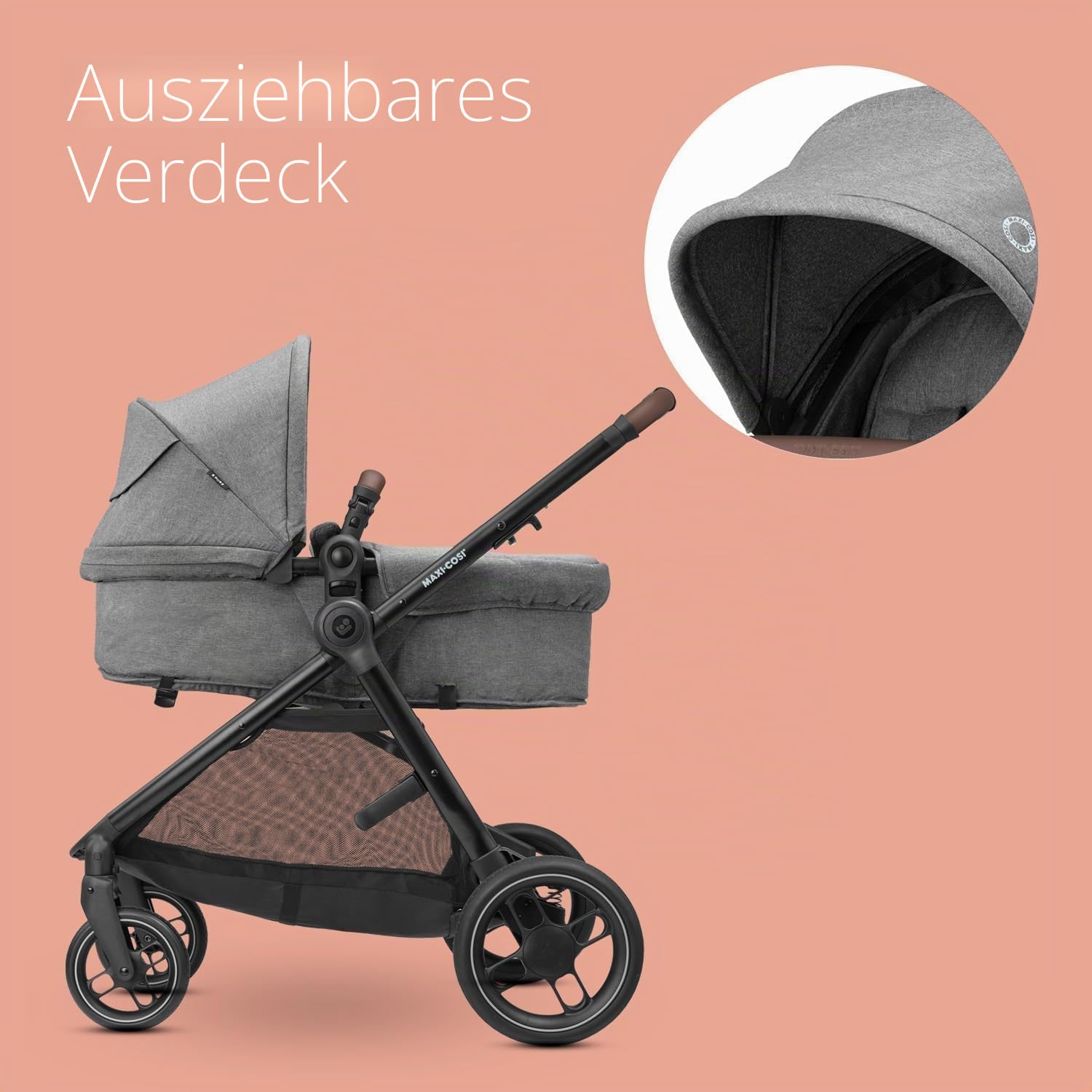 Maxi-Cosi Zelia S Trio 3-in-1 Kinderwagen Reisesystem, 0-4 Jahre, bis 22 kg, faltbarer, kompakter und liegender Babywagen, mit CabrioFix S i-Size Babyschale, Zubehör, Kindergartentasche, Grau