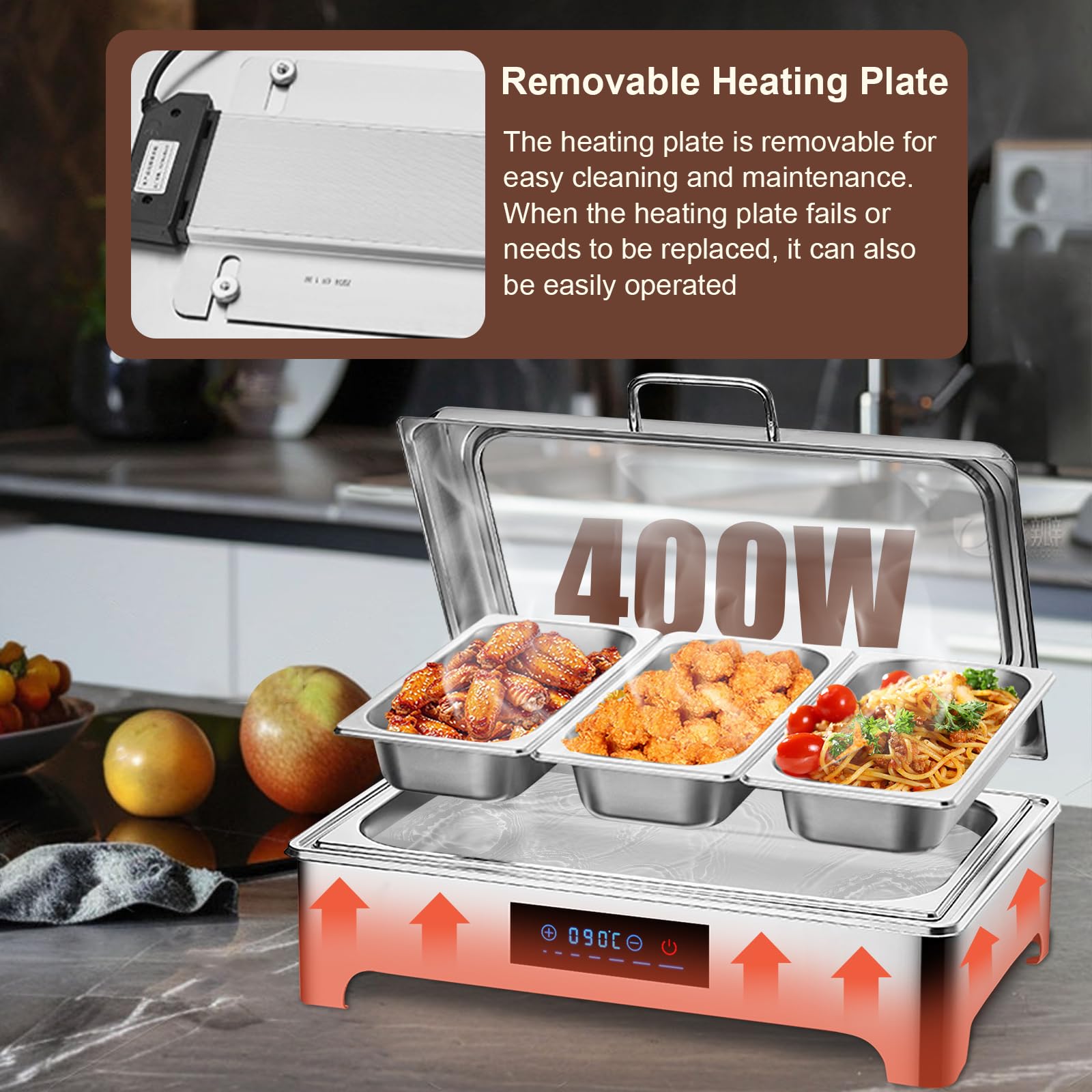 9L Chafing Dish Electrico para Buffet, Chafing Dish Calentador de Comida Electrico para Buffet, Calentador de Buffet de Acero Inoxidable con Vidrio Visual, Temperatura Ajustable (1/1)