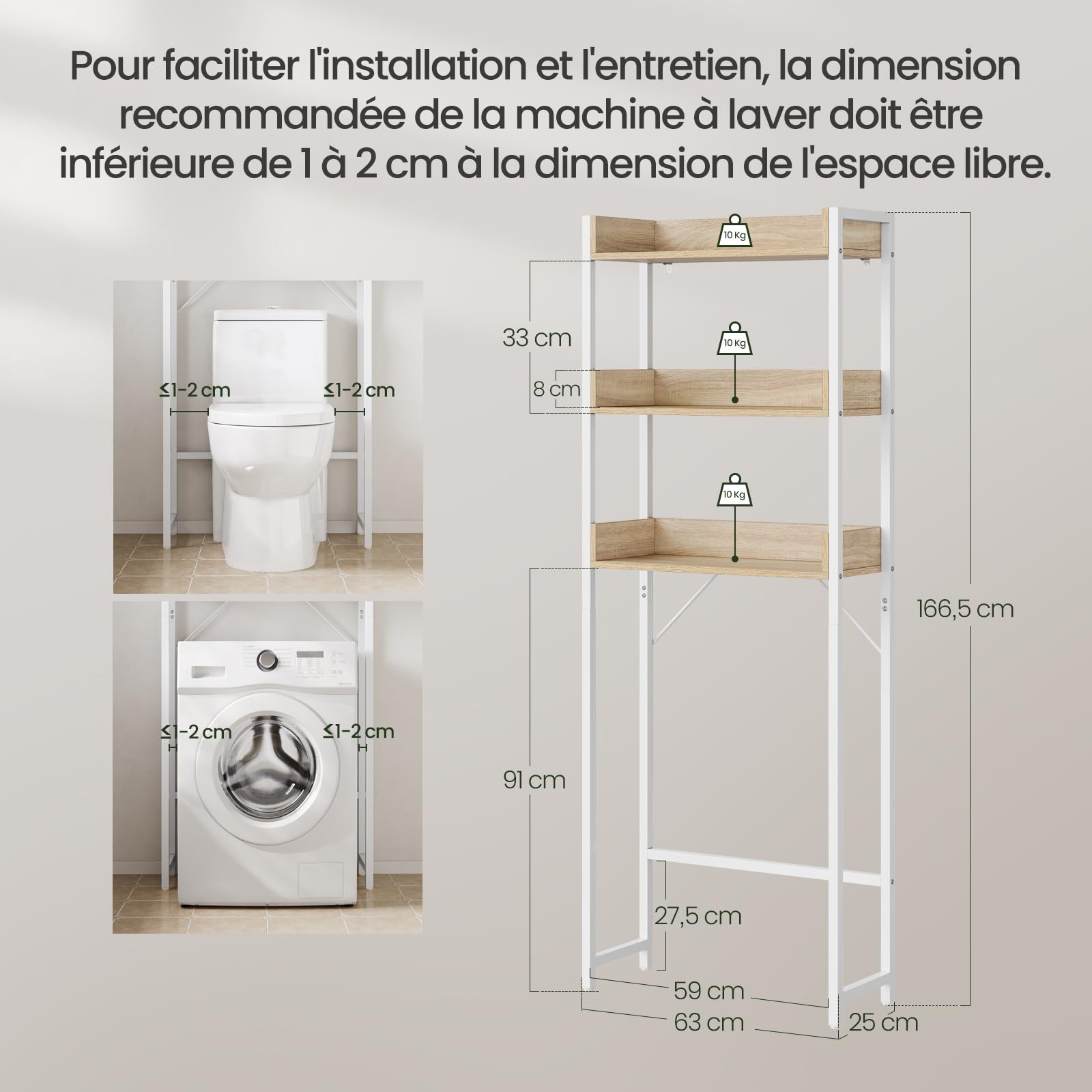 EUGAD Meuble WC, Étagère Machine à Laver, à 3 Niveaux, au-Dessus des Toilettes, Gain d'Espace, pour Salle de Bain, Buanderie, en Bois d'Ingénierie et Métal, Chêne Clair + Blanc, 63x25x166,5cm