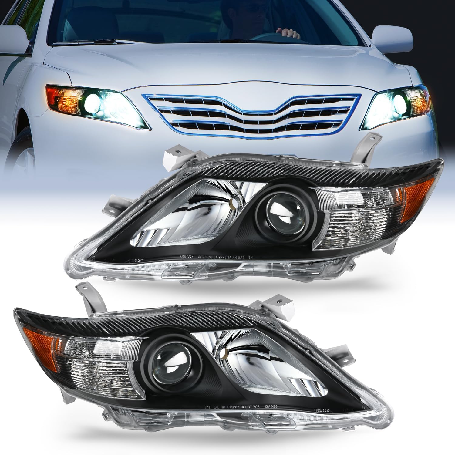 nilight headlight assembly compatible with 2010 2011 toyota camry headlamps replacement black housing amber reflector upgraded clear lens driver and passenger side black housing+ amber reflector fit 2010-2011 camry