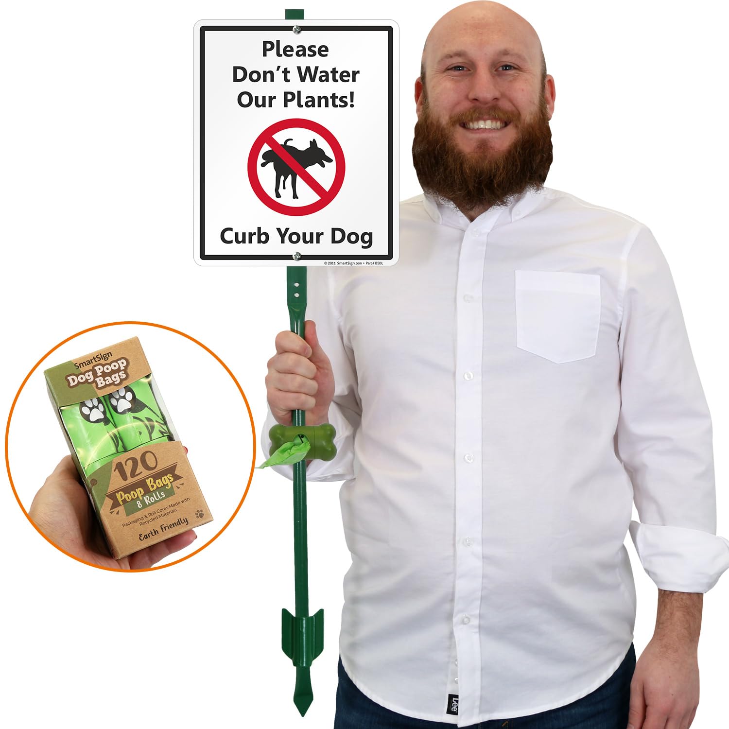 SmartSign Please Don't Water Our Plants! Curb Your Dog Yard Sign & Clip-On Preloaded Dispenser Combo/Kit with 135 Dog Poop Waste Bags, 10