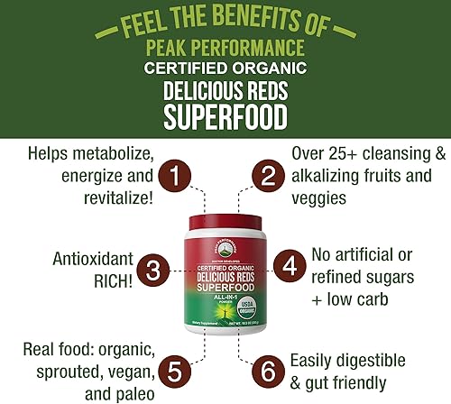 Miniatura 2 de Peak Performance Superalimento en polvo orgánico Reds, el mejor sabor orgánico de jugo rojo súper alimento con más de 25 ingredientes naturales y