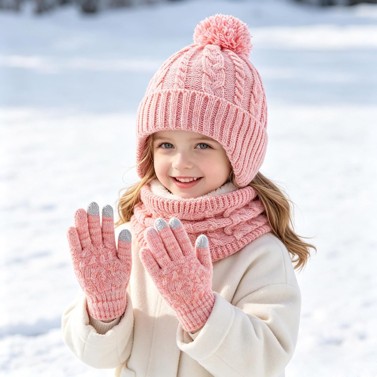 Girls Winter Knit Hat Neck Warmer Hand Warmers 3 Piece Set