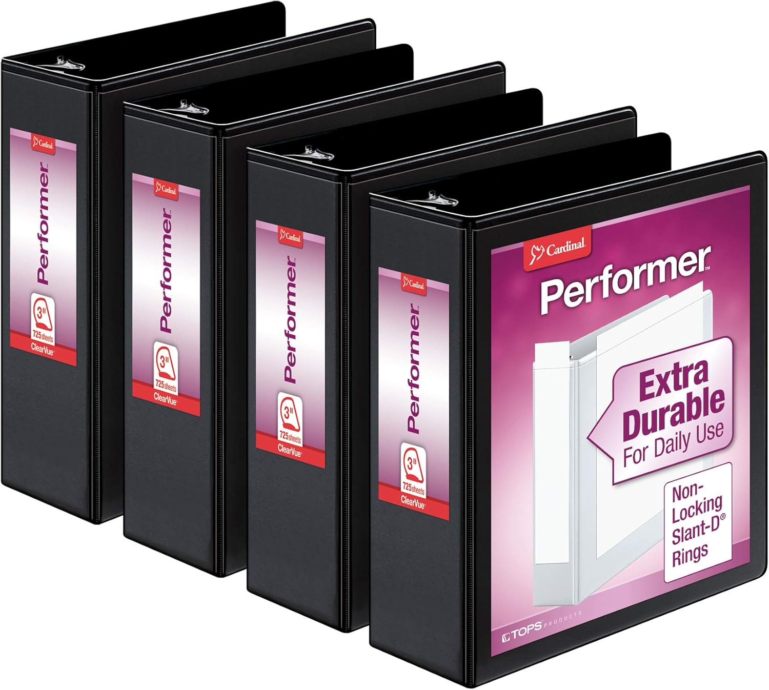 ( incomplete 3 pack only ) Cardinal Performer 3-Ring Binders, 3", Non-Locking Slant-D Rings, 725-Sheet Capacity, ClearVue Presentation, Non-Stick, PVC-Free, Black, 4-Pack (27601) Black 3-Inch Binders