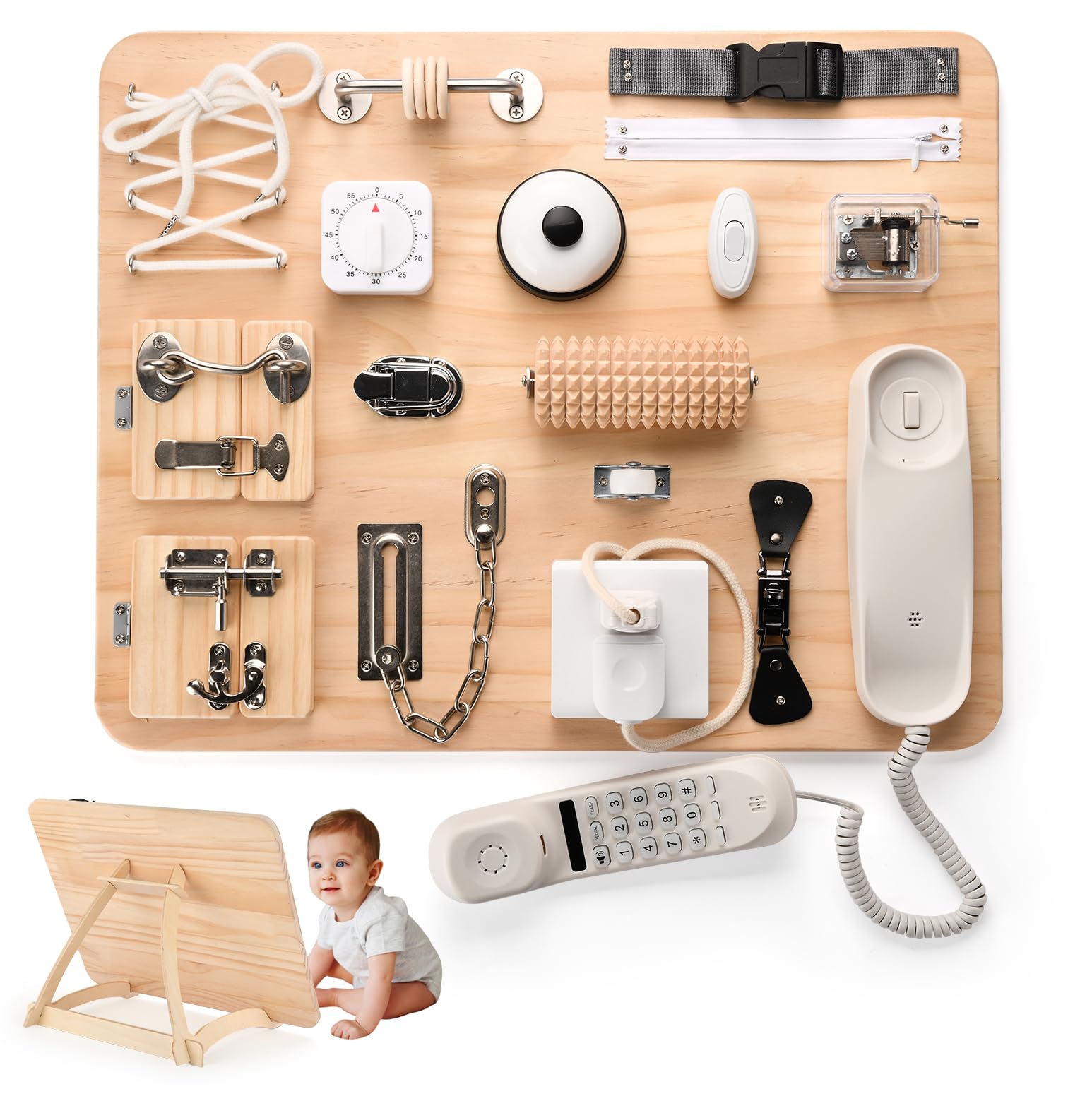 potatomato Busy Board Montessori 21-in-1 – Giocattolo educativo in Legno per Bambini, sensoriale e motorio con Puzzle – Regalo per Bambini e Bambine, Gioco da Viaggio e all’Aperto autismo