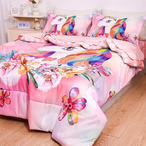 Miniatura 2 de qjmiaofang Juego de edredón de unicornio de 6 piezas, juego de ropa de cama de unicornio rosa con sábanas rosas para niños y niñas, tamaño