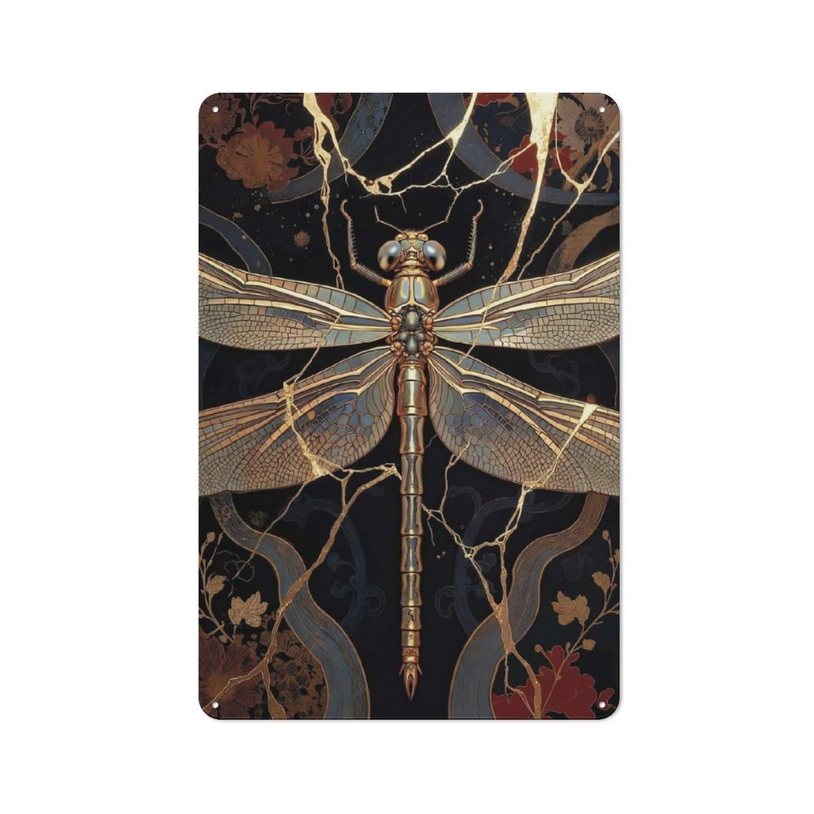 For Guest Room Or Hallway, Kintsugi Dragonfly Retro Tin Wall Plaque 30x20cm, Gift for Home Decor Collectors during The Christmas Season