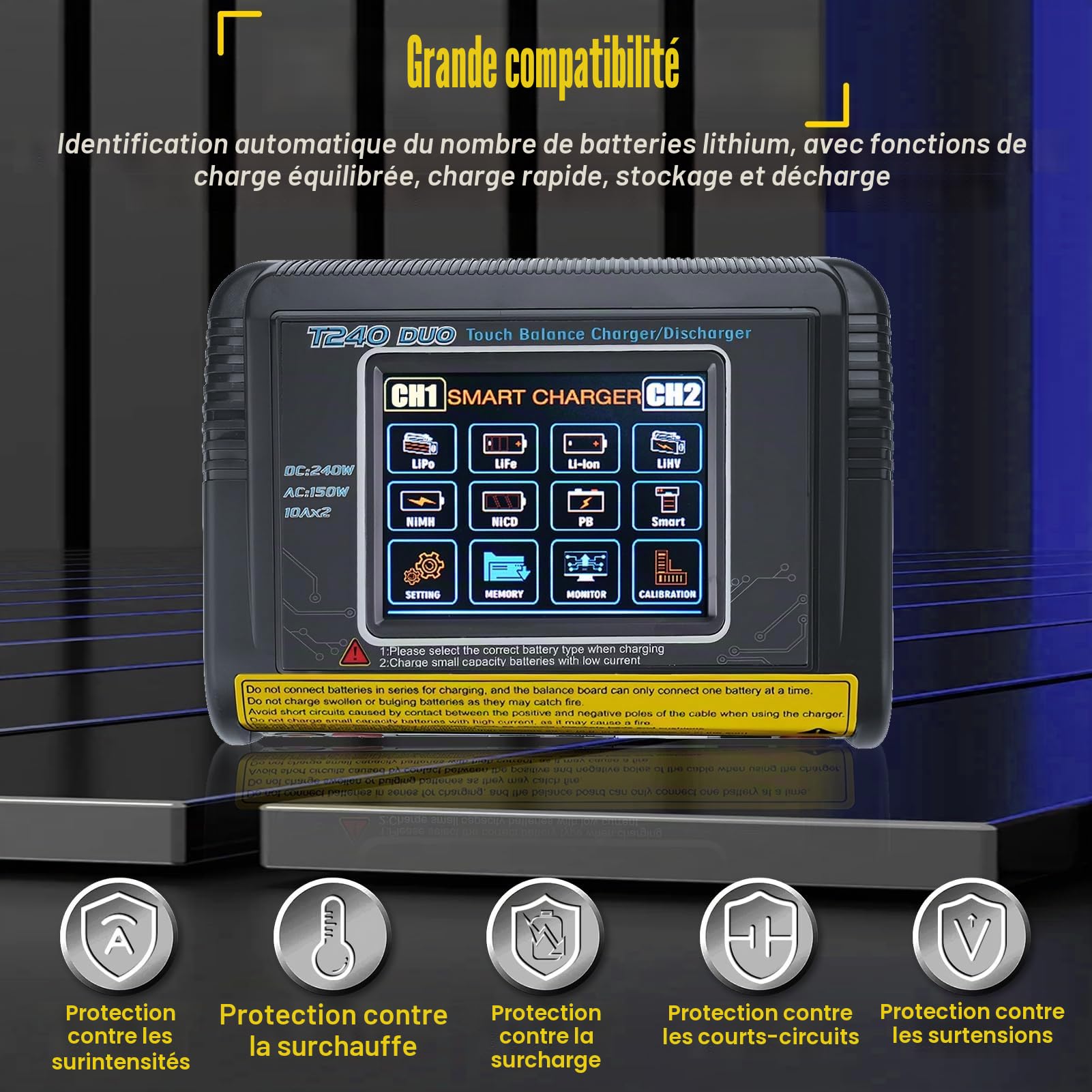 Chargeur Lipo équilibreur RC Chargeur Batterie lipo Double Chargeur DC/AC 11-18V 240W AC 100-240V 150W Détection Auto LiPo/Lilon/Life/NiMH/NiCd/PB/NiMH Écran Tactile LCD 3,2 Pouces 10A (T240)
