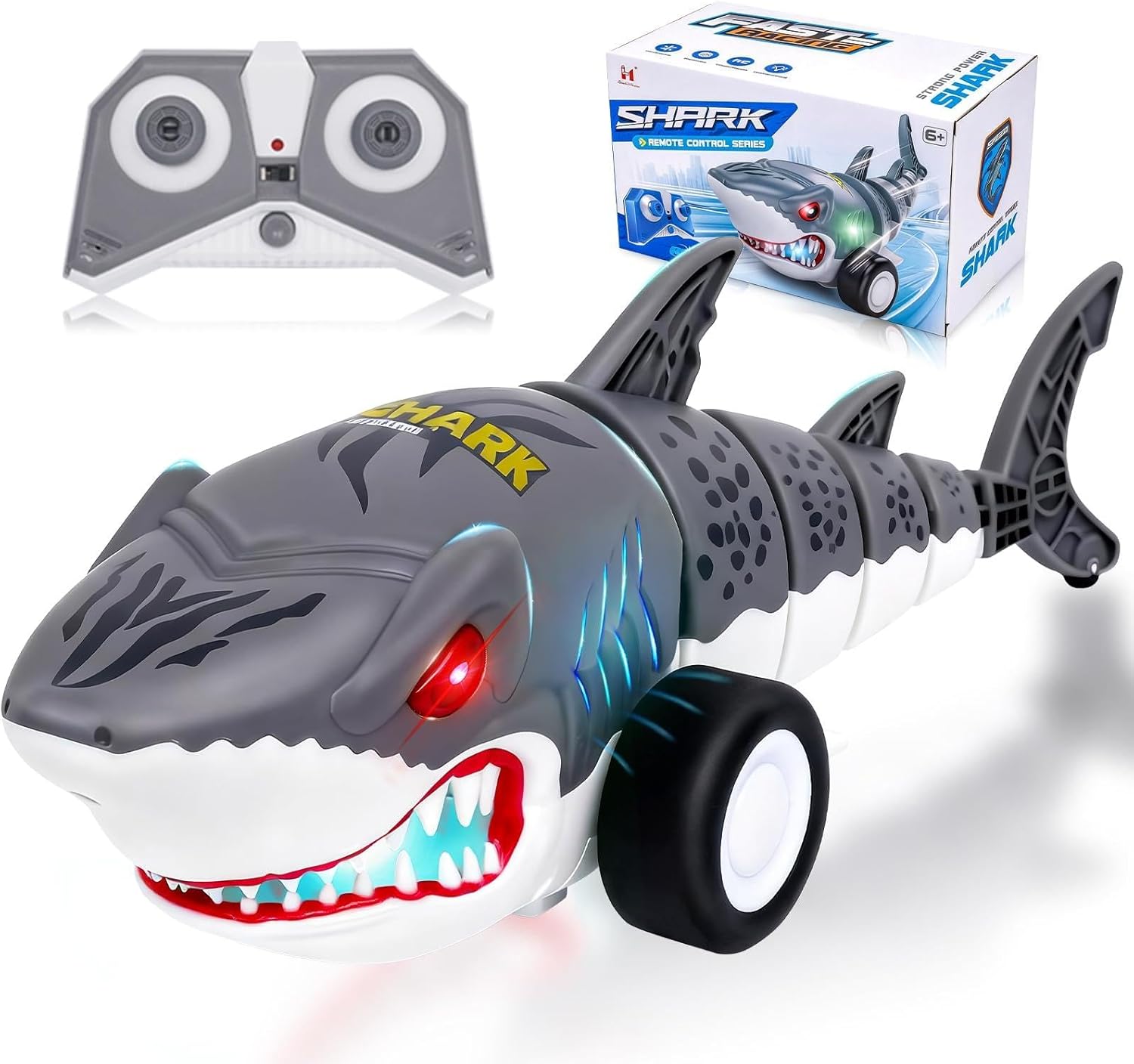 Remote Control Shark Cars Toy,Rechargeable RC Toy Car, RC Monster Truck for Boys 6-12 Year Old,360°Rolling Turns & Slides with Lights Cool Outdoor Toys Birthday Gift for Boy Kids Gifts (gray)