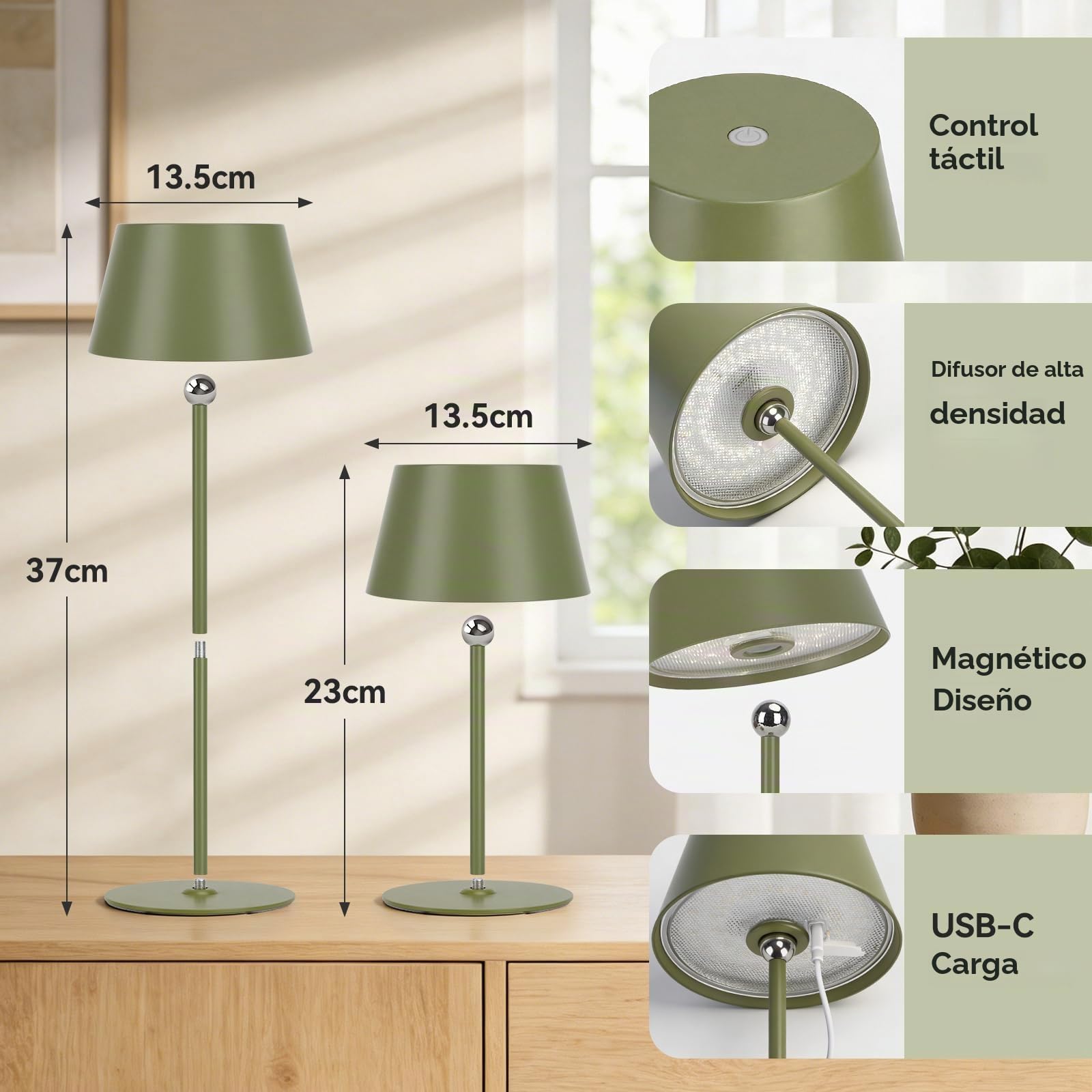 Aigostar 2 Piezas Lámpara de Mesa Magnética Táctil, Lámpara de Mesita de Noche Inalámbrica con 3 Temperaturas de Color y Brillo Regulable, Recargable USB para Dormitorio, Estudio (Verde)