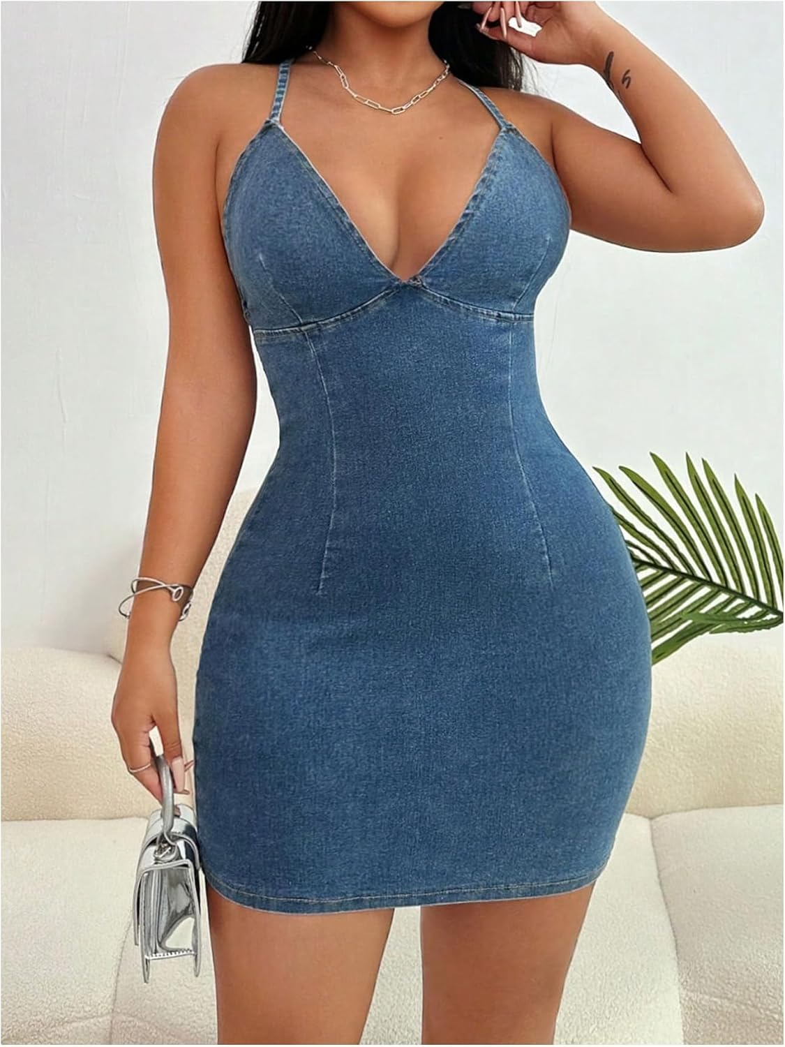 Floerns Women's Backless Criss Cross Denim Cami Dress Halter Neck Bodycon Mini Dresses - Image 2