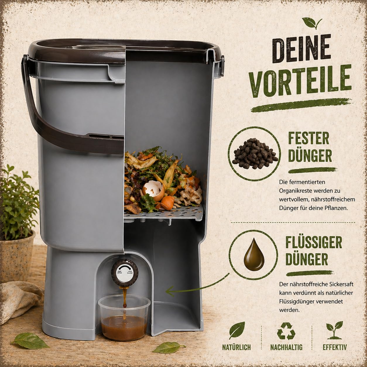 Bokashi Eimer Starterset - Japanisches Design (grau) + Bokashi Ferment + EM aktiv + Bokashi Broschüre